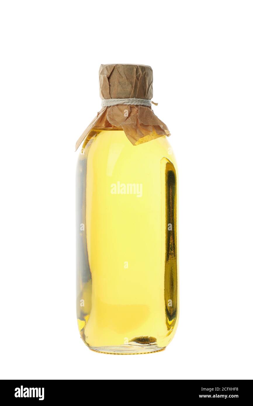 Glass bottle of sunflower oil isolated on white background Stock Photo