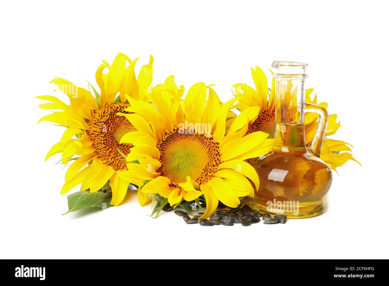 Sunflower, seeds and oil isolated on white background Stock Photo