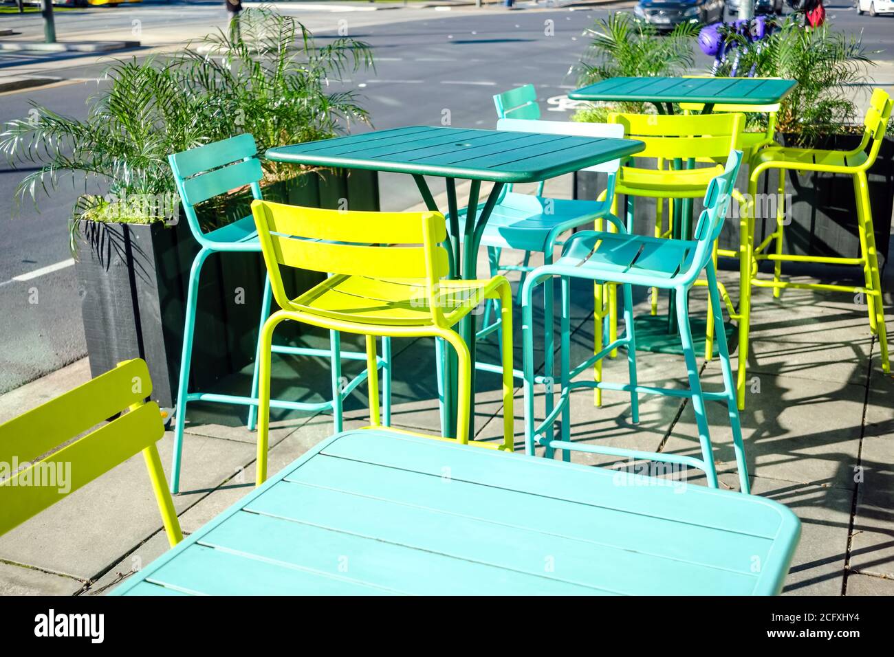 Colourful outdoor seating tables and chairs in Adelaide city centre