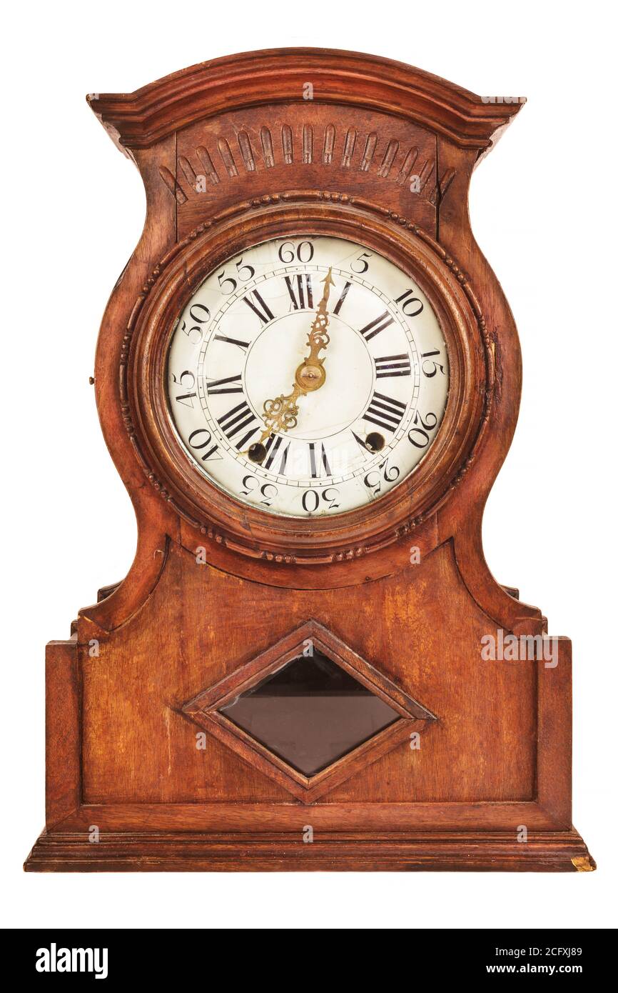 Wooden ancient clock isolated on a white background Stock Photo