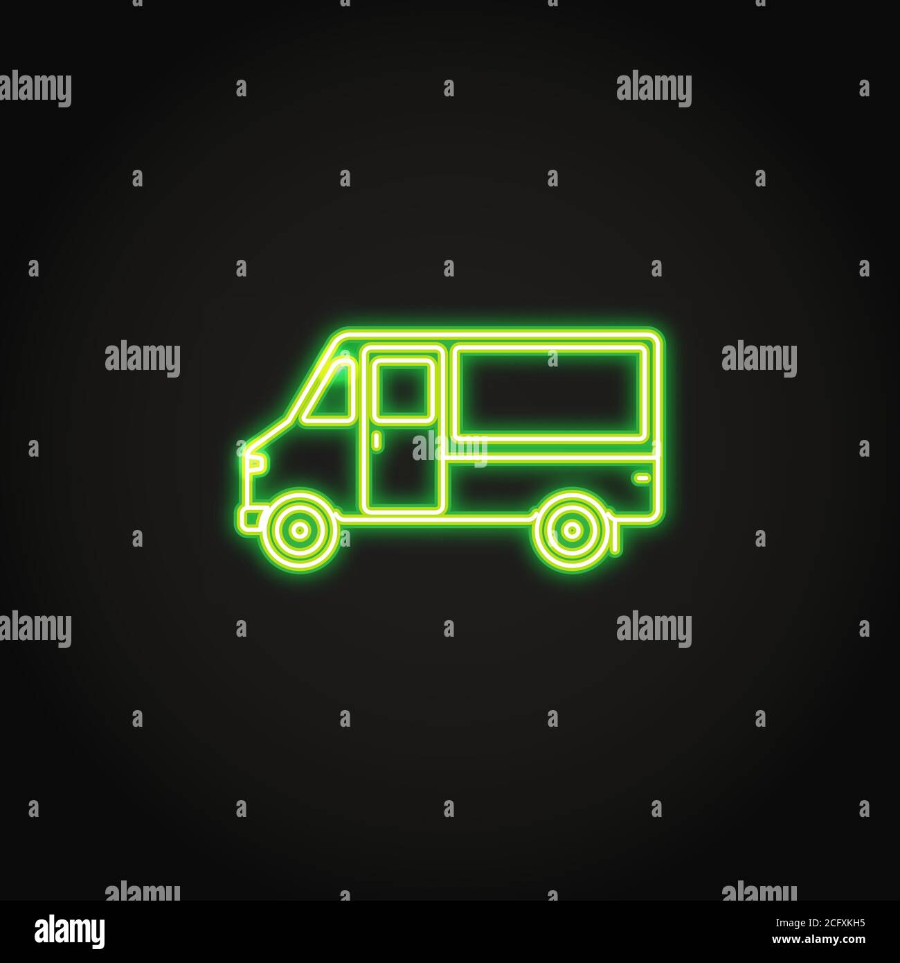 Step van truck neon icon in line style. Shining cargo vehicle concept symbol on dark background. Freight transportation sign. Stock Vector