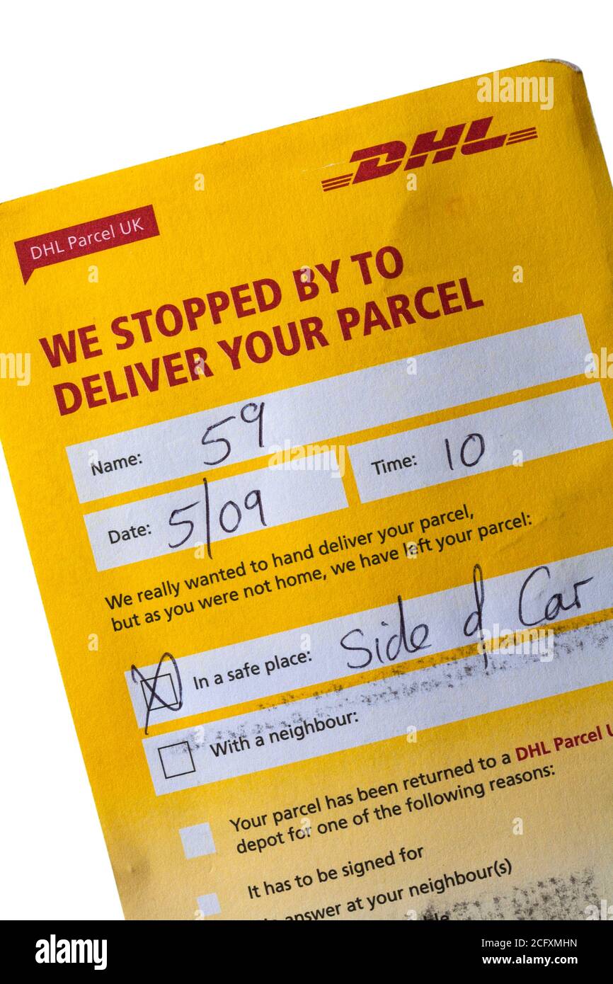 dhl-parcel-uk-delivery-card-set-on-white-background-we-stopped-by-to-deliver-your-parcel-stock