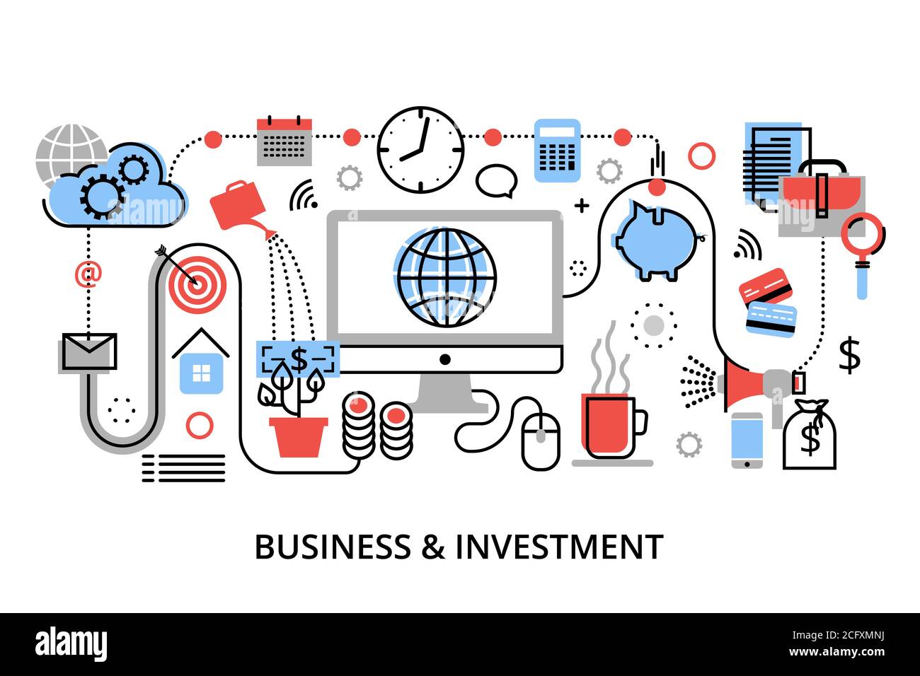 Modern flat thin line design vector illustration, infographic concept of investment process, stock market and internet business, for graphic and web d Stock Vector
