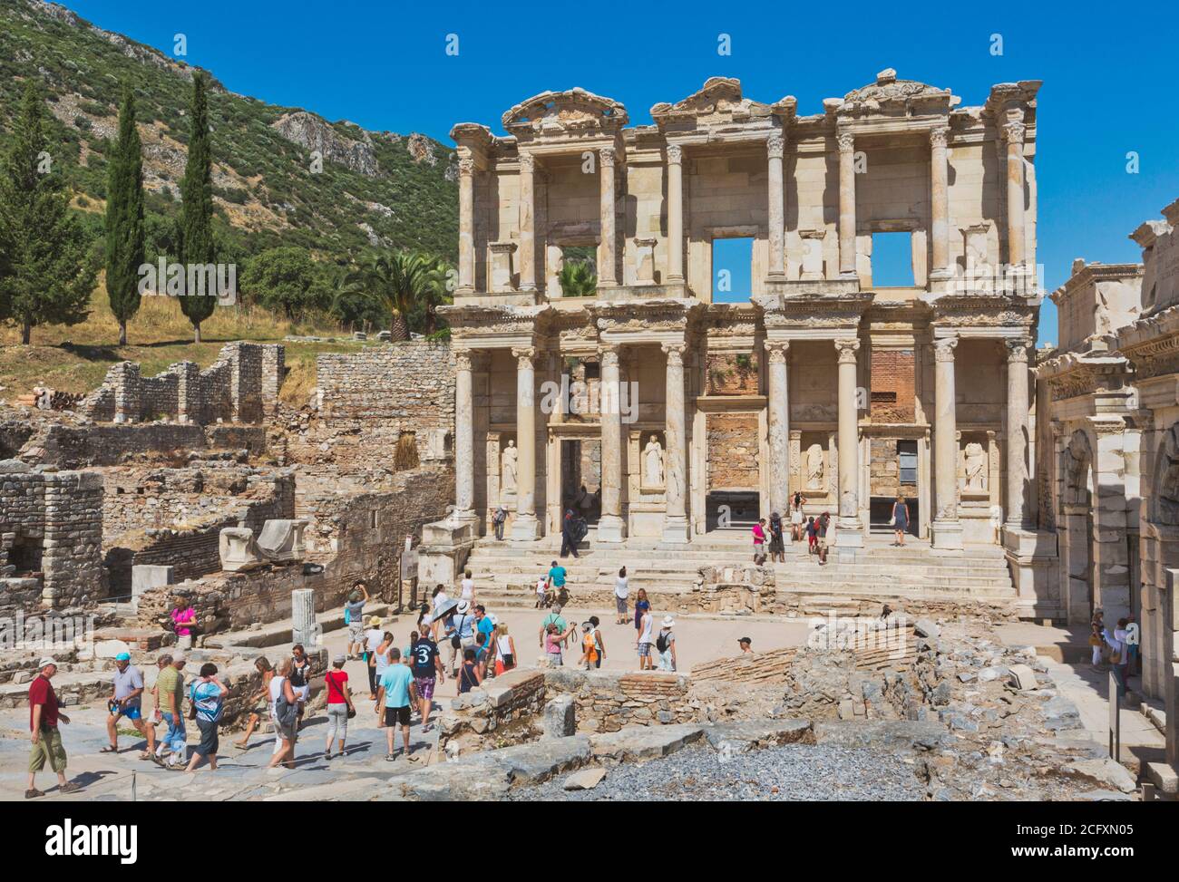 Ephesus, near Selcuk, Izmir Province, Turkey.  Library of Celsus, dating from circa 125 AD.  Ephesus is a UNESCO World Heritage Site. Stock Photo