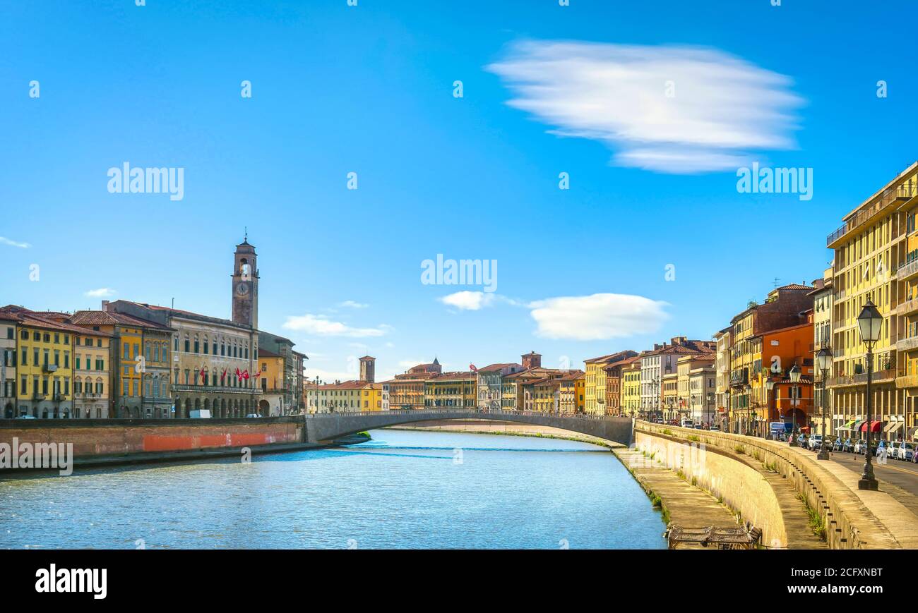 Pisa, Arno river, Ponte di Mezzo bridge. Lungarno view. Tuscany, Italy, Europe. Stock Photo