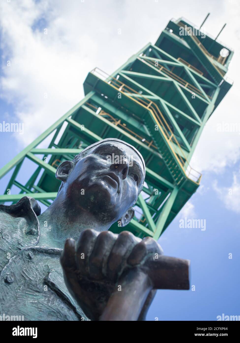 CARDONA, SPAIN-JULY 25, 2020: Monument to the miner with a shovel. Close up view, diagonal composition. Stock Photo