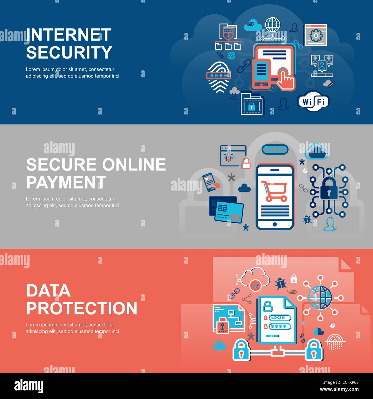 Modern flat thin line design vector illustration, infographic concept of internet security, network protection and secure online payments for graphic Stock Vector