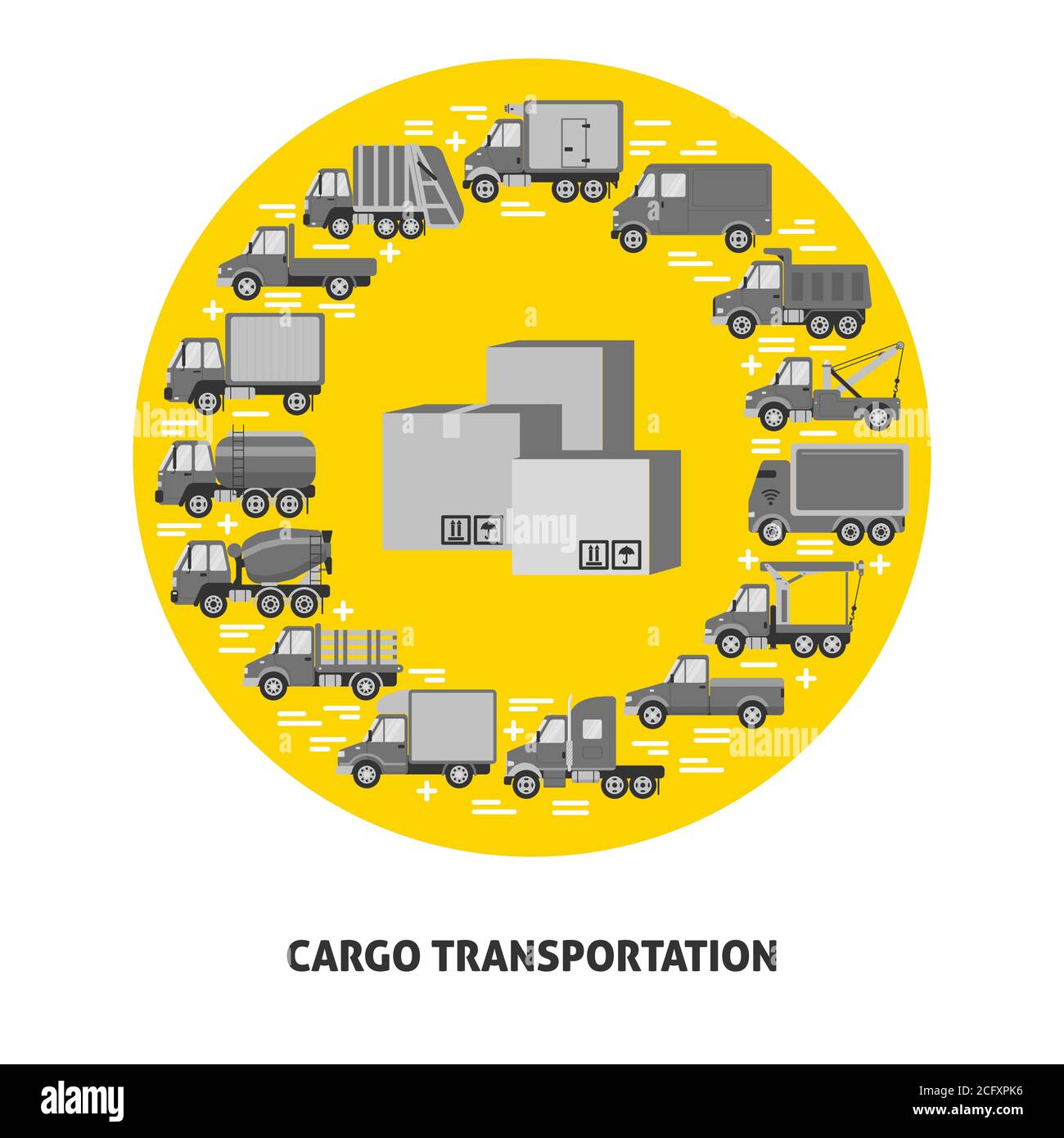 Cargo transportation round concept with different types of trucks in