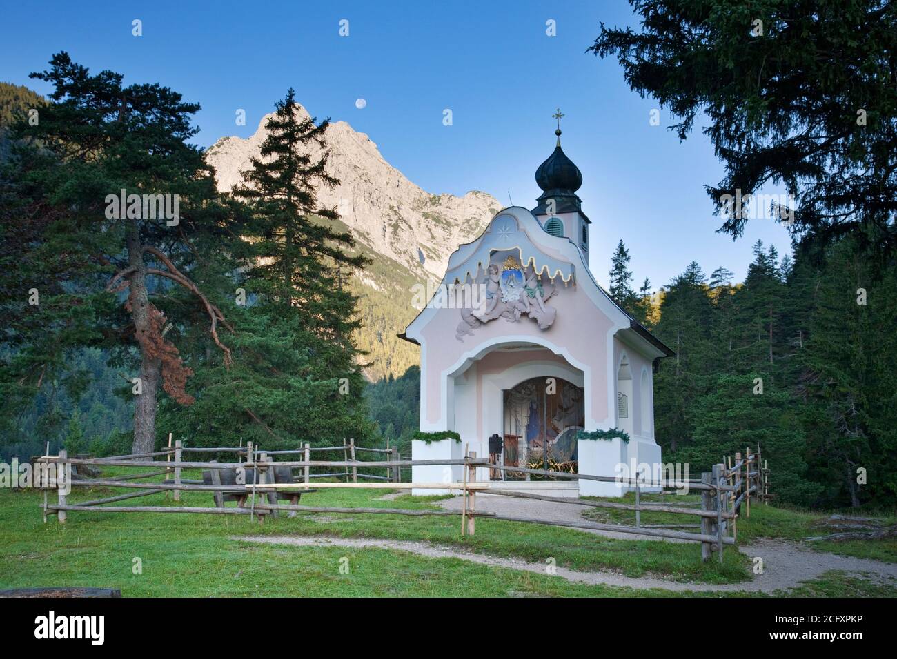 geography / travel, Germany, Bavaria, Wetterstein mountain range, chapel Saint Mary queen in front of , Additional-Rights-Clearance-Info-Not-Available Stock Photo