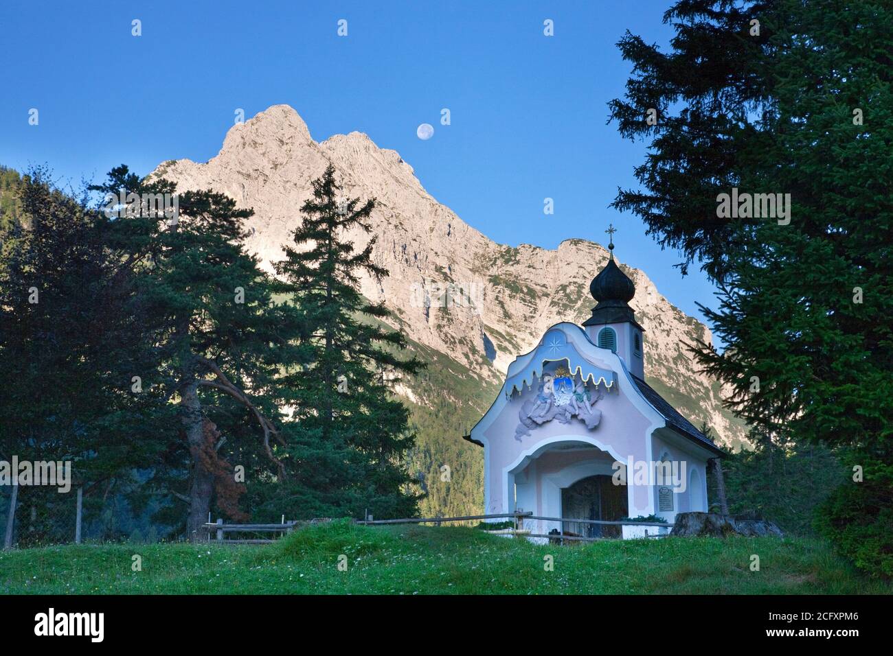 geography / travel, Germany, Bavaria, Wetterstein mountain range, chapel Saint Mary queen in front of , Additional-Rights-Clearance-Info-Not-Available Stock Photo