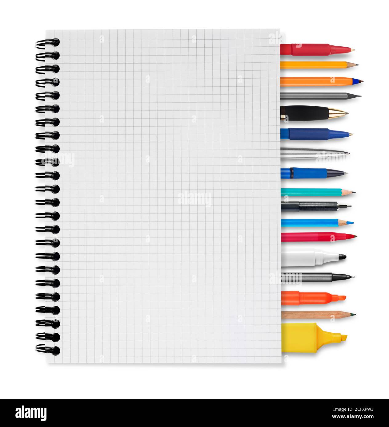 Notebook, pens and pencils on white background Stock Photo