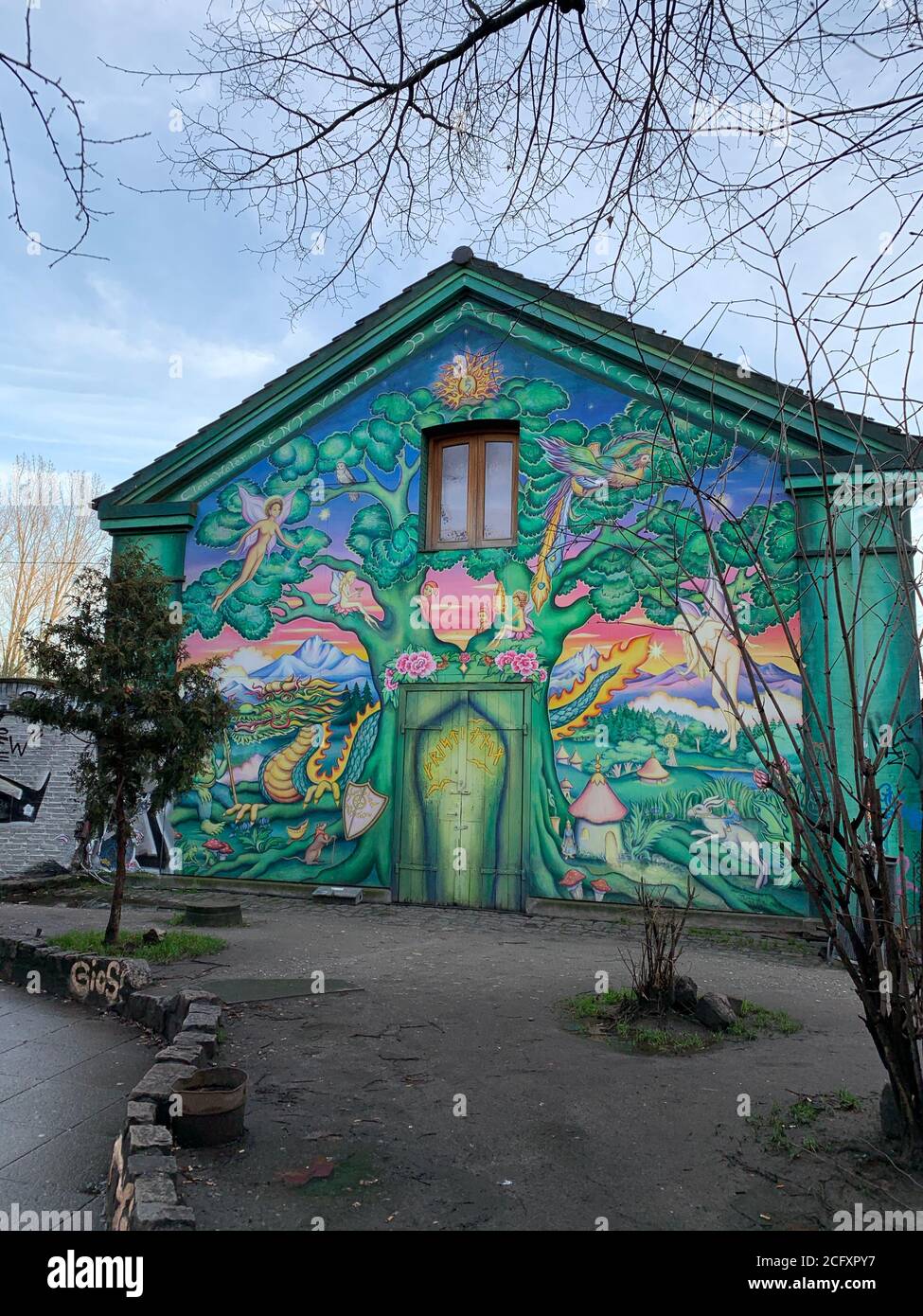 Street art on the house wall next to the entrance to Christiania freetown. Copenhagen/ Denmark