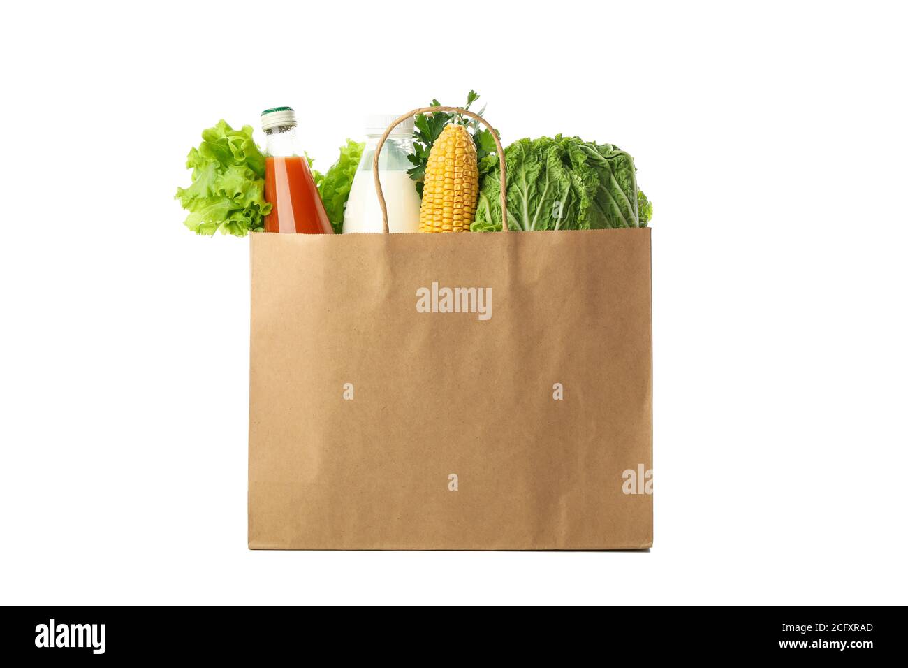 Paper bag with different food isolated on white background Stock Photo ...