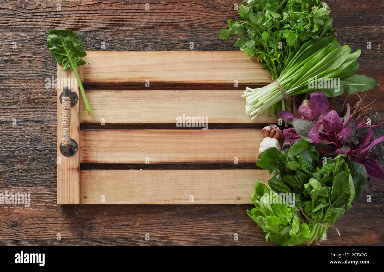 Herb leafs on wood table Stock Photo