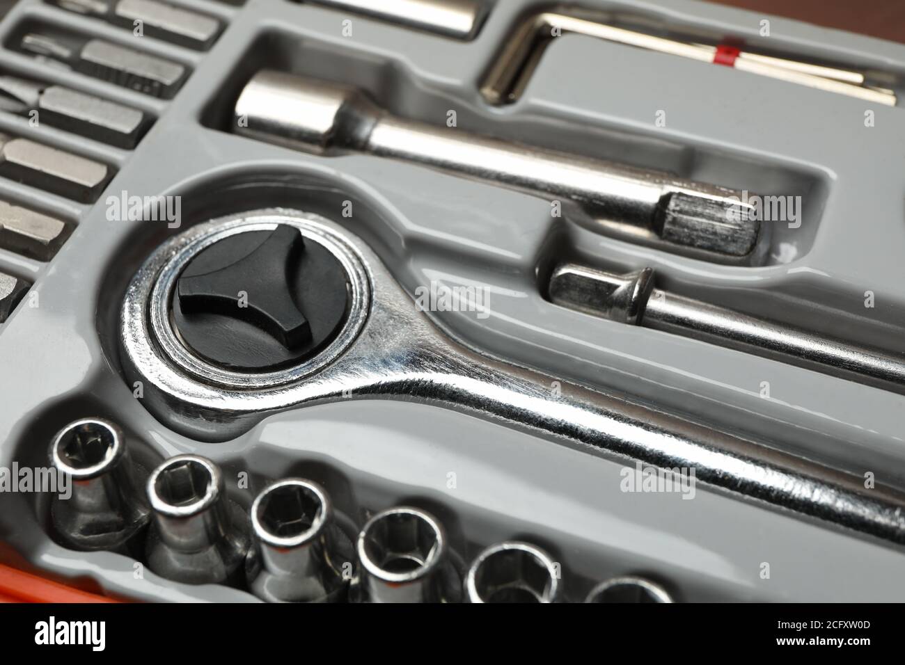 Mechanic tools kit on whole background, close up Stock Photo