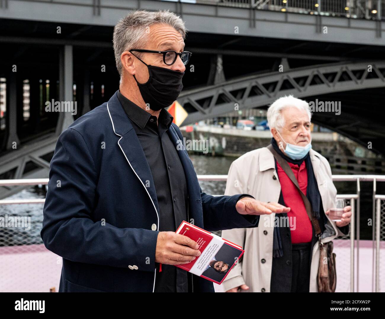 Berlin, Germany. 02nd Sep, 2020. Journalist Gabor Steingart gestures before the presentation of his new book 'The Inconvenient Truth: State of our Nation Address' on the editorial ship Pioneer One. In the background is Henryk M. Broder. Credit: Fabian Sommer/dpa/Alamy Live News Stock Photo