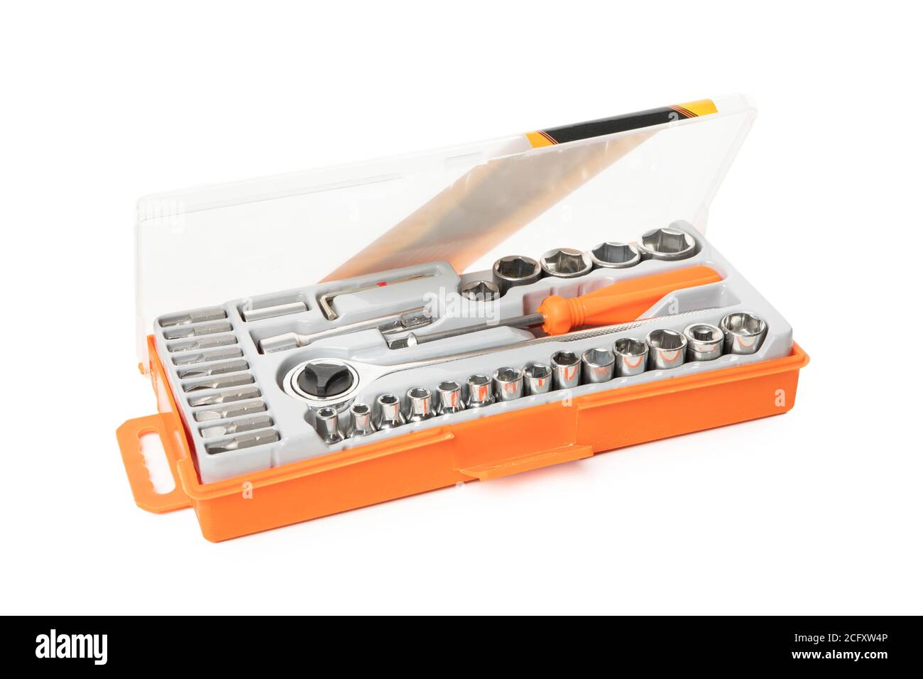 Box with construction tools isolated on white background Stock Photo