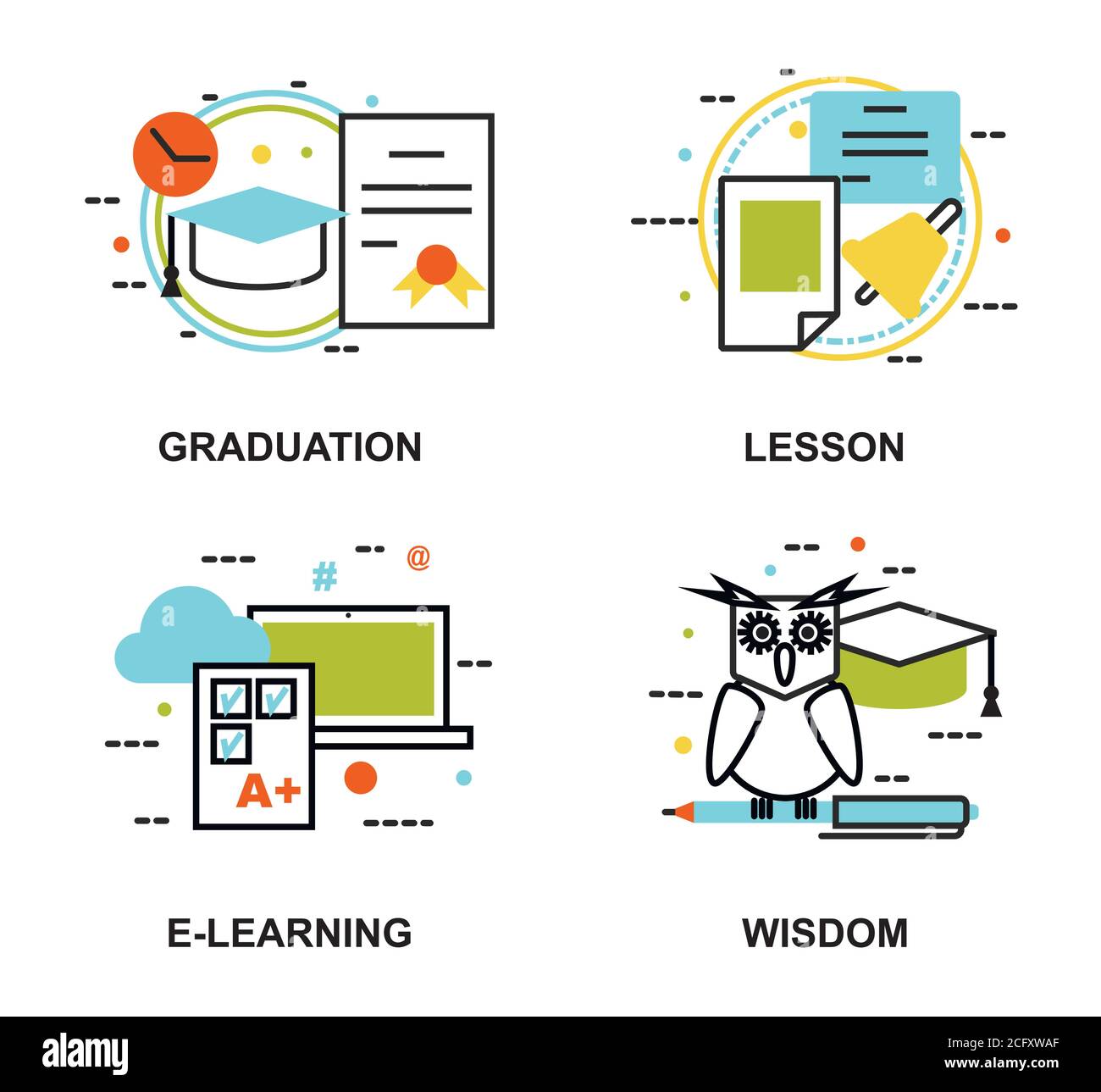Modern flat thin line design vector illustration, set of education concepts, gradution, school lesson, e-learning process and wisdom abstract, for gra Stock Vector