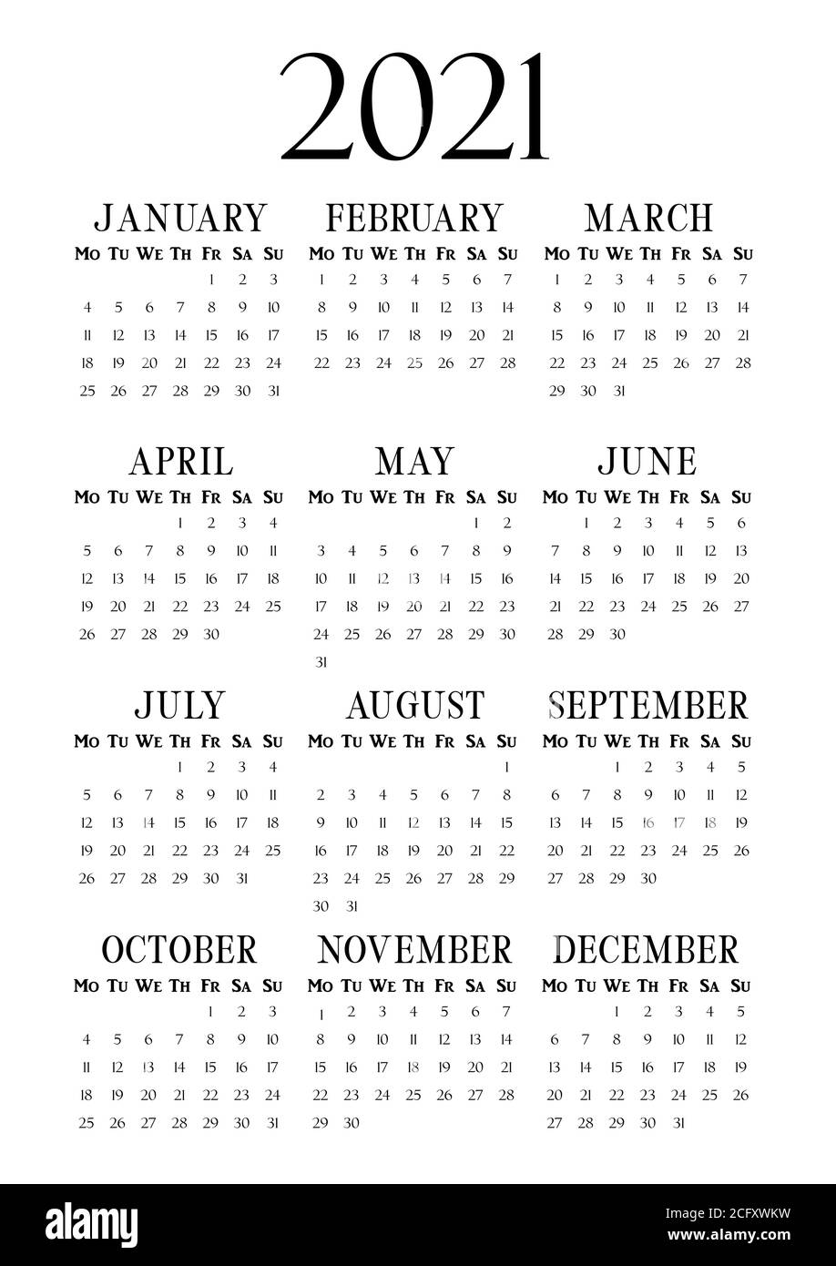 2021 Year Vertical calendar on A4 paper format. Business wall calendar template. 2021 year by months. Classic vertical calendar with serif typography. Stock Vector