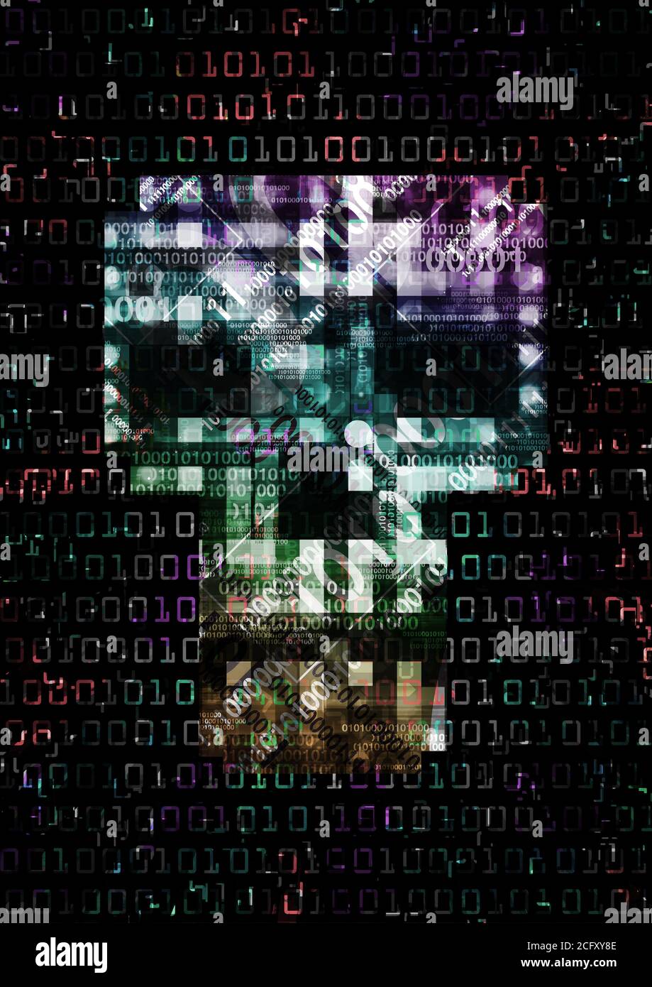 Skull symbol,Computer virus,  background. Illustration of Abstract Skull sign with destroyed binary codes. Web Hacking. Online piracy concept. Stock Photo