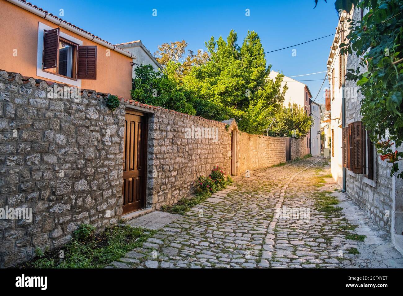 Romantic street and old houses in the old town of Osor on the island of Cres in Croatia Stock Photo
