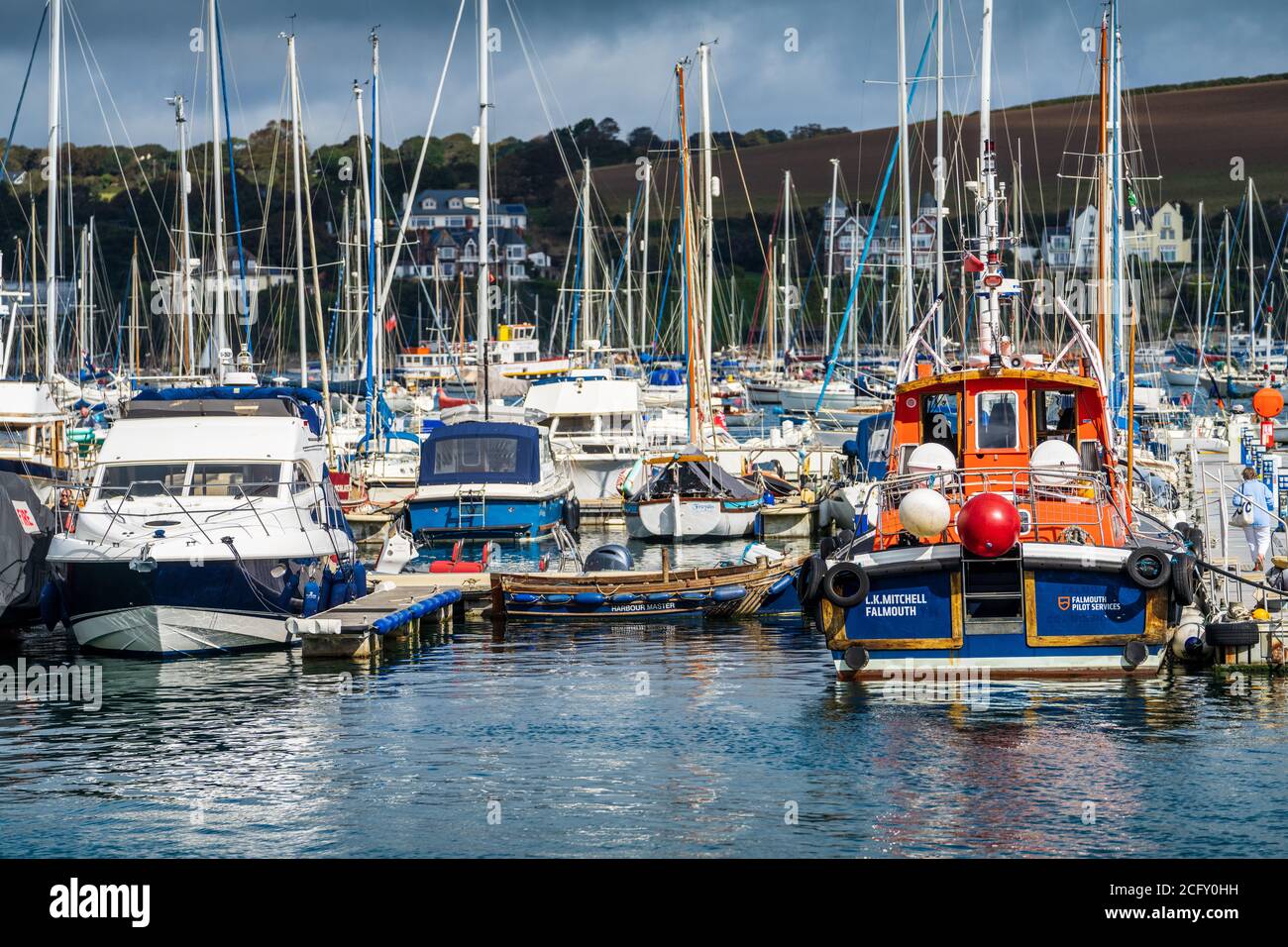 Falmouth Marina in Falmouth Harbour Cornwall UK.  Small craft are moored in the marina close to Falmouth town centre. Stock Photo