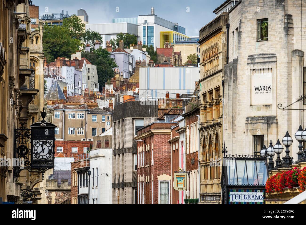 Bristol City Centre Architecture - view from central Bristol on Broad Street up St Michael's Hill to the University of Bristol campus. Stock Photo