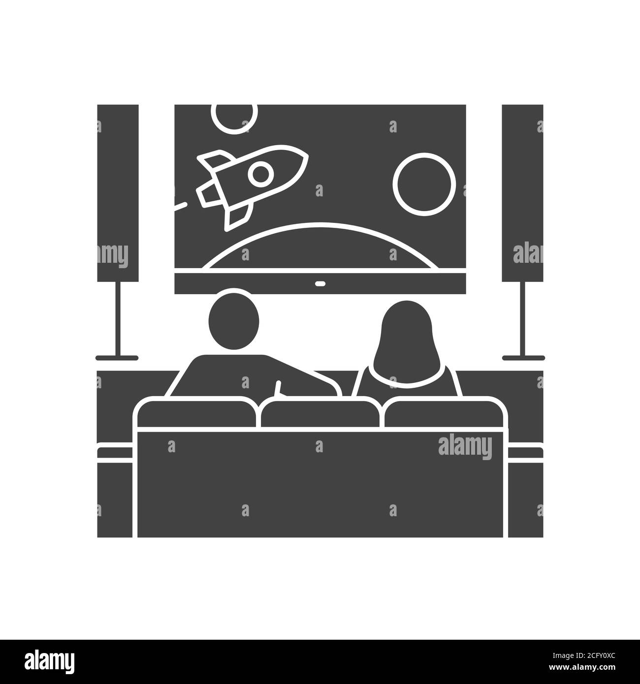 Young couple sitting on sofa and watching TV black glyph icon. Indoor view of living room with furniture. Home leisure. Vector isolated illustration. Stock Vector