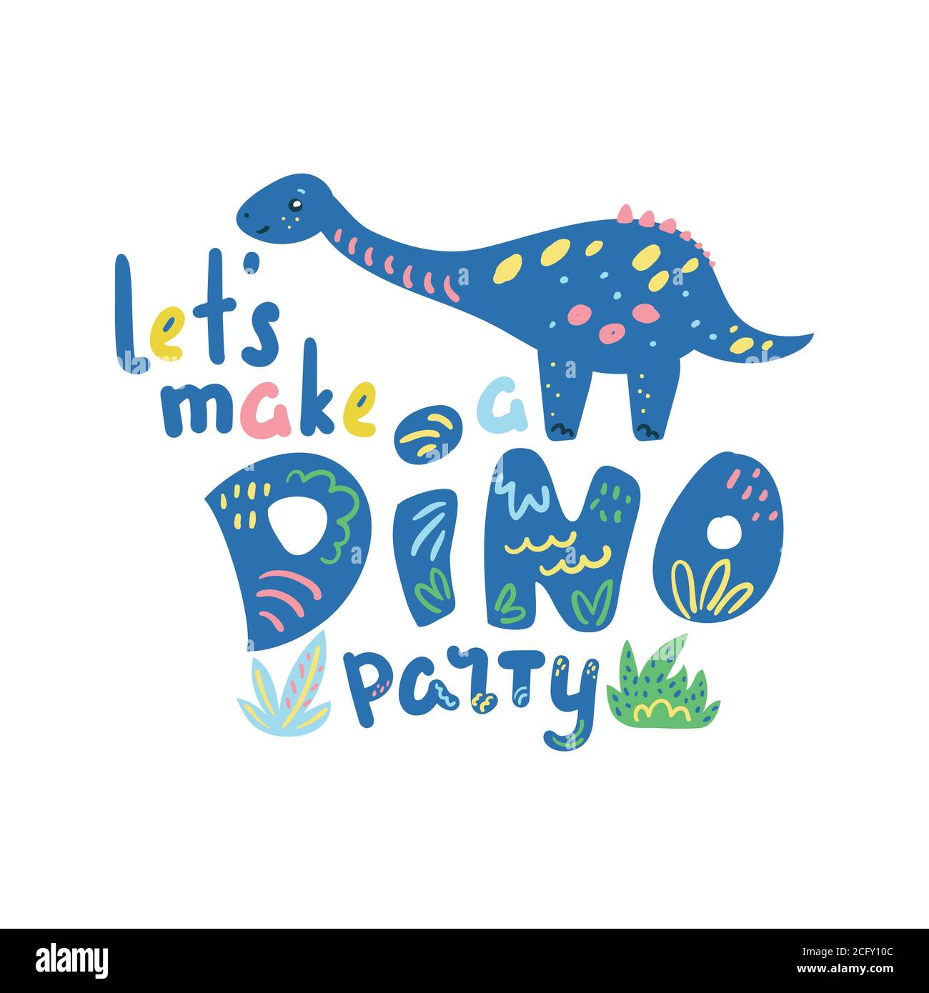 Let's make a dino party vector lettering on white background. Cute Dinosaur party invitation. Dino birthday banner template. Dinosaur themed celebrati Stock Vector