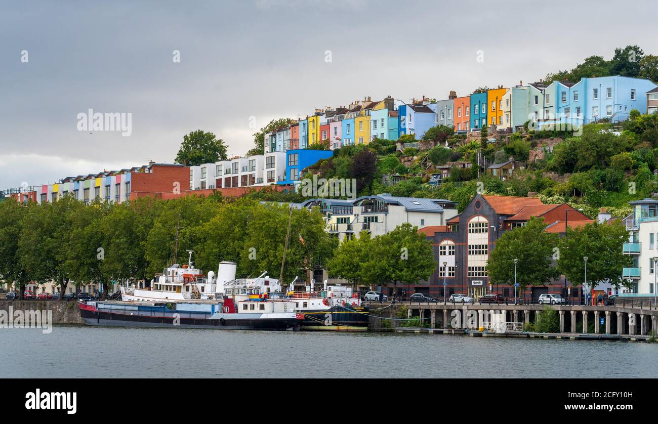 Colourful Houses Bristol - Colourful Georgian and modern houses overlook Bristol harbour in the Hotwells and Cliftonwood area of the City. Stock Photo