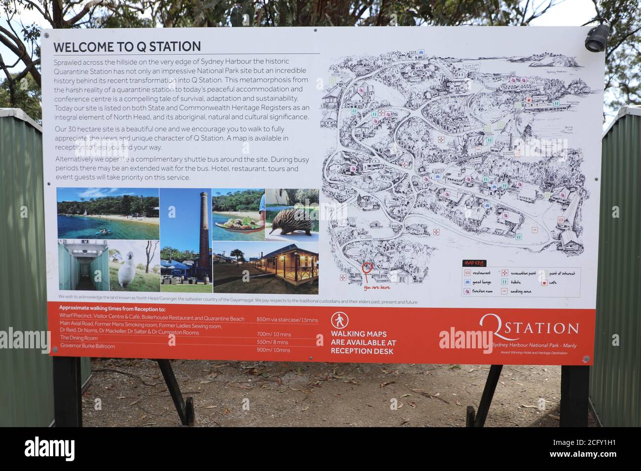Welcome to Q Station information board at the entrance to the Quarantine Station (Q Station) at 