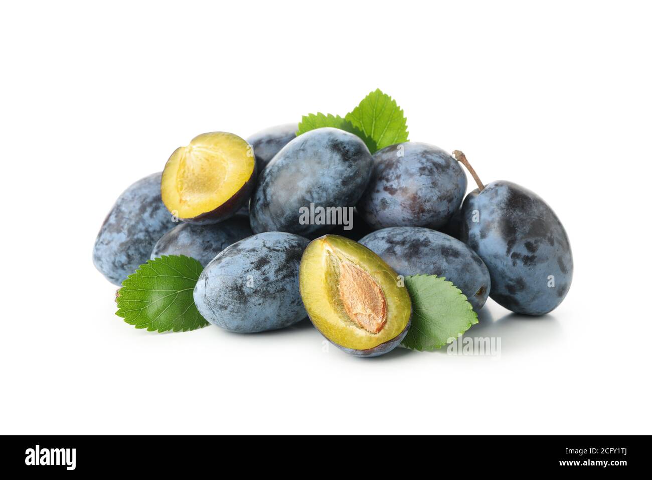 Plums with leaves isolated on white background Stock Photo