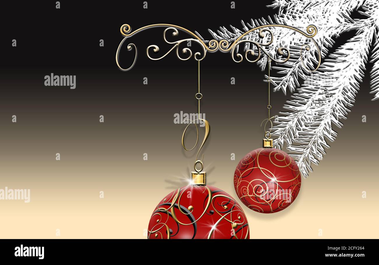 Luxury elegant Christmas 2021 New Year ornament with red gold baubles with gold ornament on black dramatic background. Minimalist New Year card. Place for text, copy space. 3D Illustration. Stock Photo