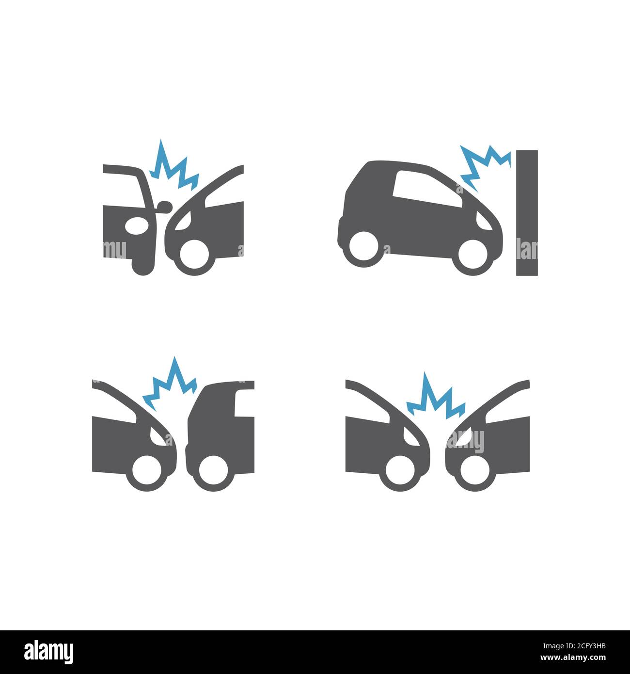 Car crush incident black vector icon set. Car or traffic accident, frontal and side collision icons. Stock Vector
