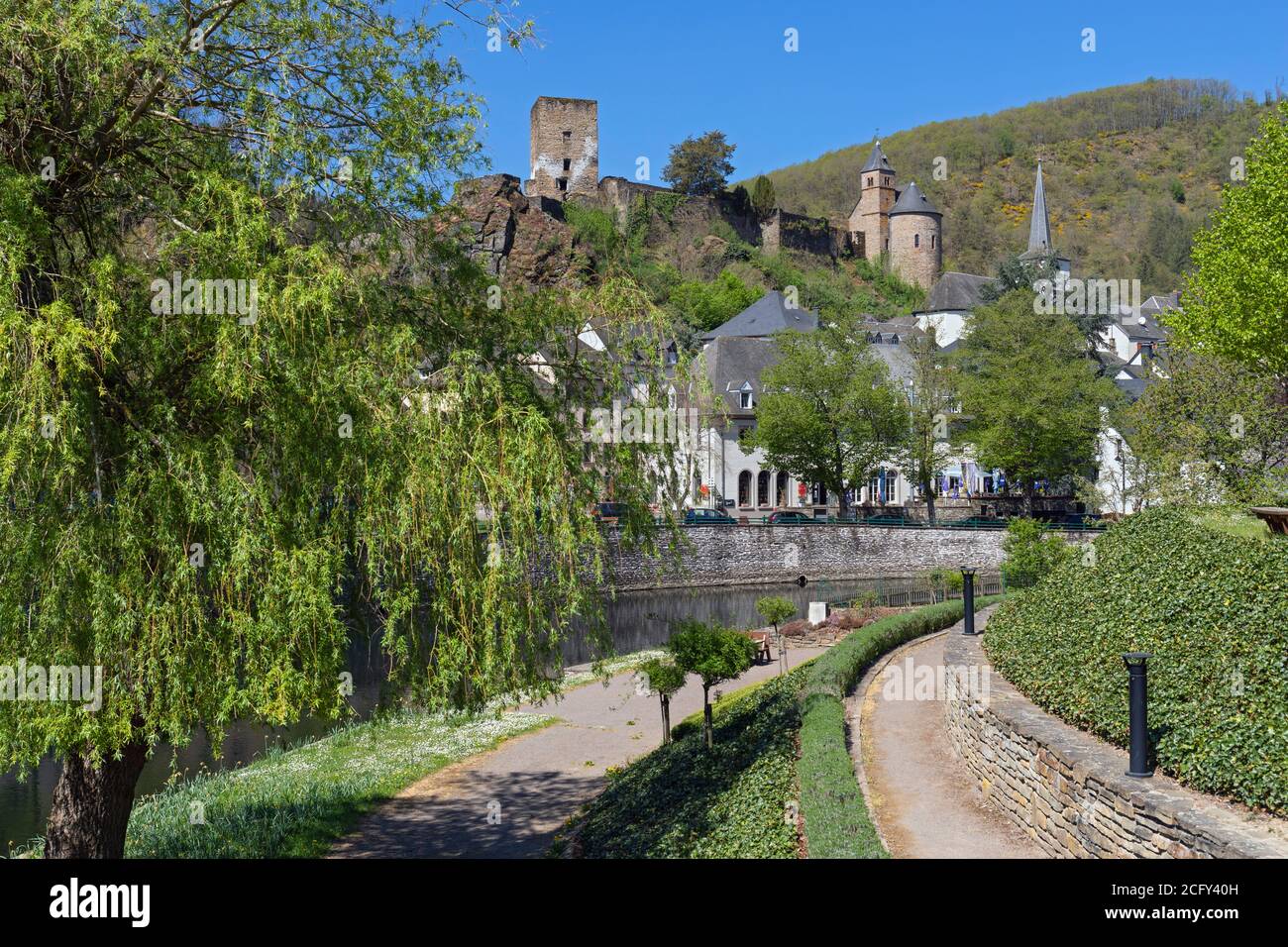 Europe, Luxembourg, Diekirch, Esch-sur-Sûre, Views of Village Centre from the Riverbank Walk Stock Photo
