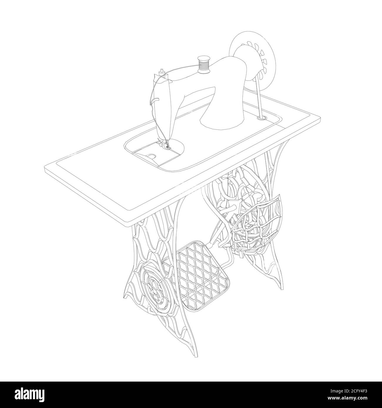 The contour of a decorative vintage sewing machine made of black lines on a white background. Manual sewing machine with rotation mechanism. Isometric Stock Vector