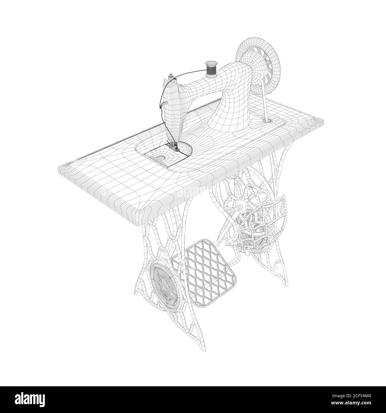 Wireframe of a decorative vintage sewing machine made of black lines on a white background. Manual sewing machine with rotation mechanism. Isometric Stock Vector