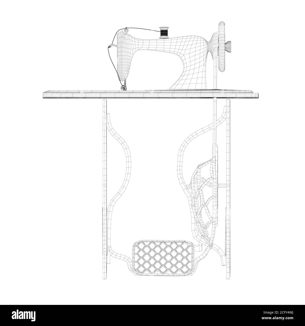 Wireframe of a decorative vintage sewing machine made of black lines on a white background. Manual sewing machine with rotation mechanism. Side view Stock Vector
