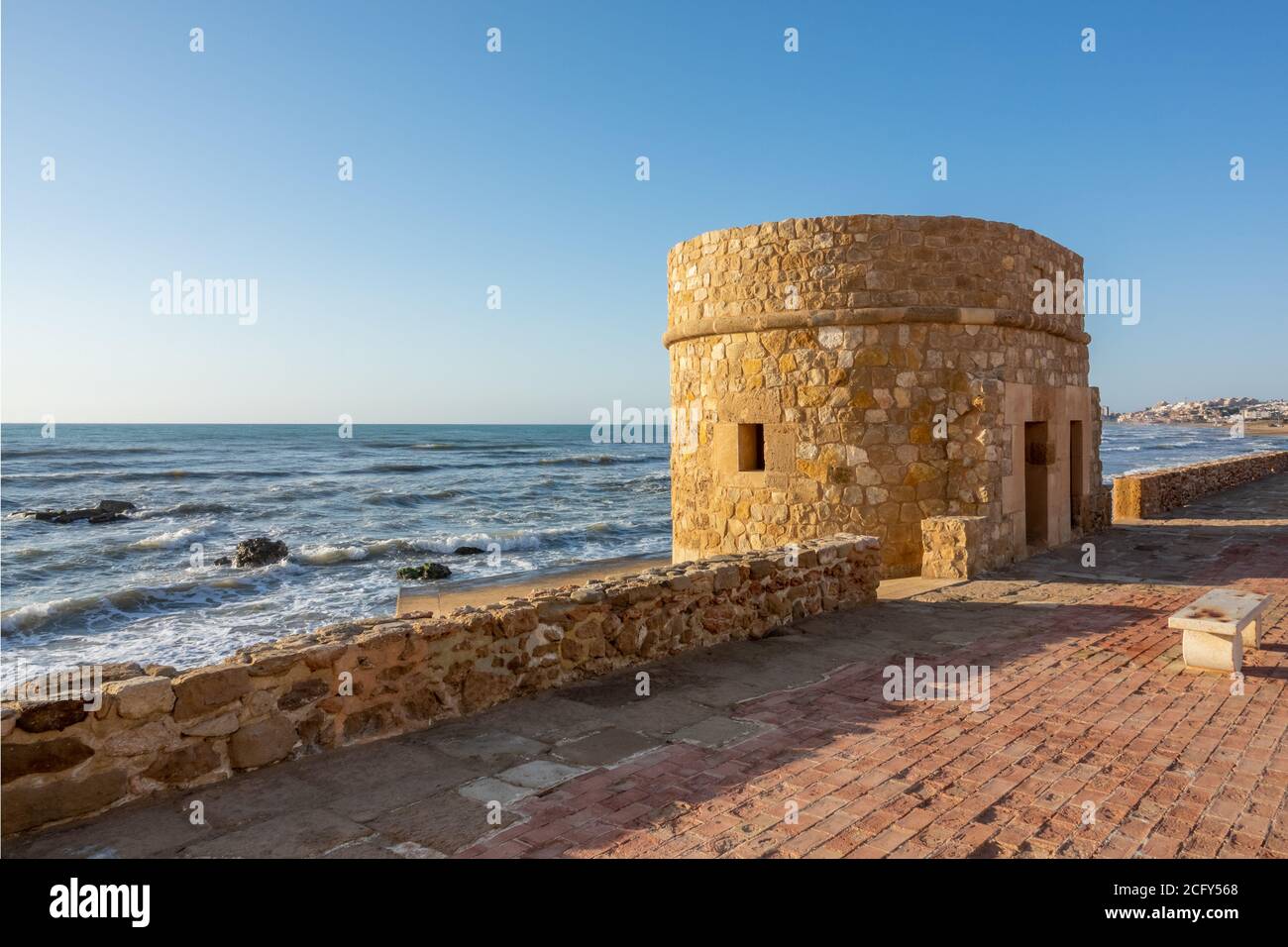 Torre de la Mata is an old watchtower at the beach originally built  in 14th century. Stock Photo