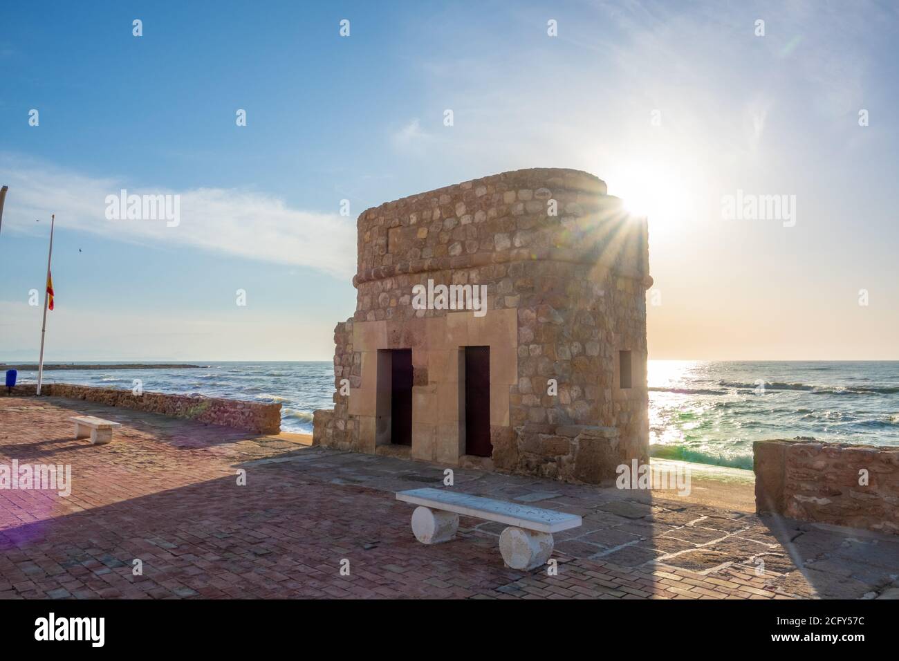 Torre de la Mata is an old watchtower at the beach originally built  in 14th century. Stock Photo