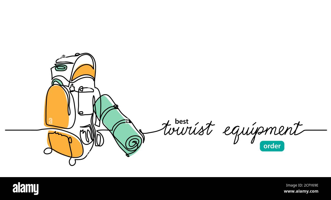 Tourist equipment minimal web banner ,background, poster with camping backpack. Vector minimalist background. One continuous line drawing with Stock Vector