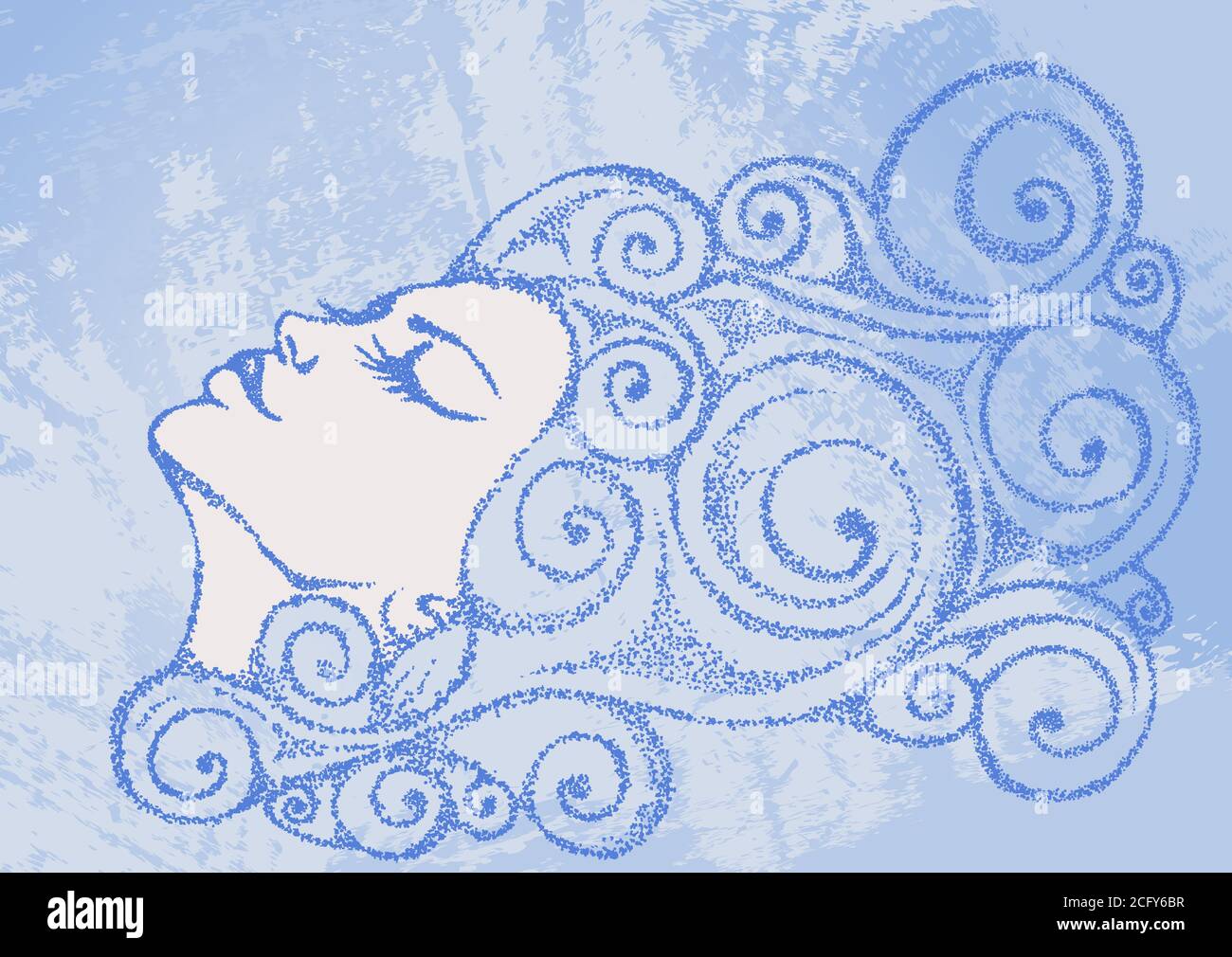 Hand drawn vector illustration. Portrait of a girl in the form of a cloud on a grunge background. Comic style Stock Vector