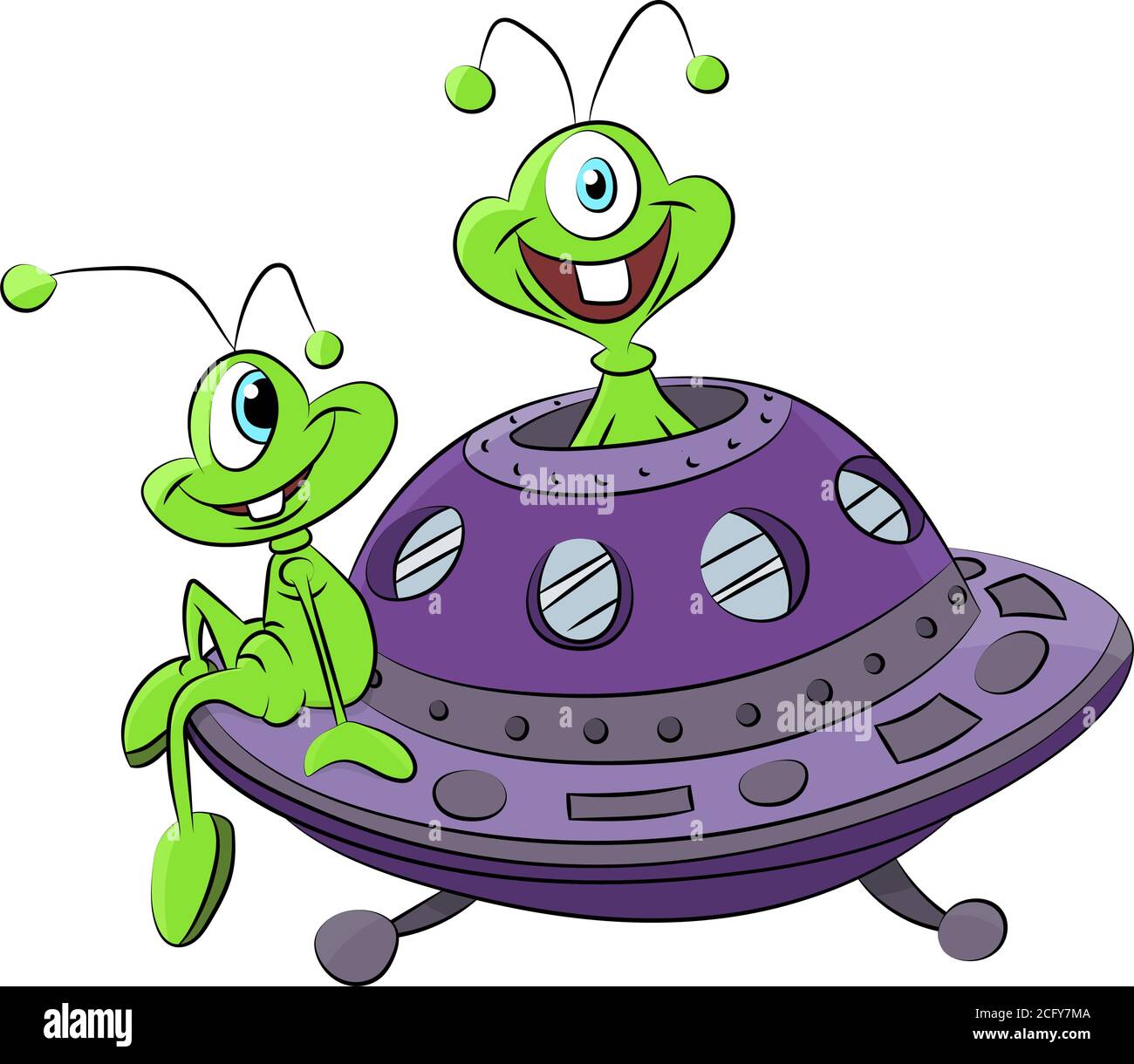 Cartoon aliens traveling with their spaceship vector illustration Stock Vector