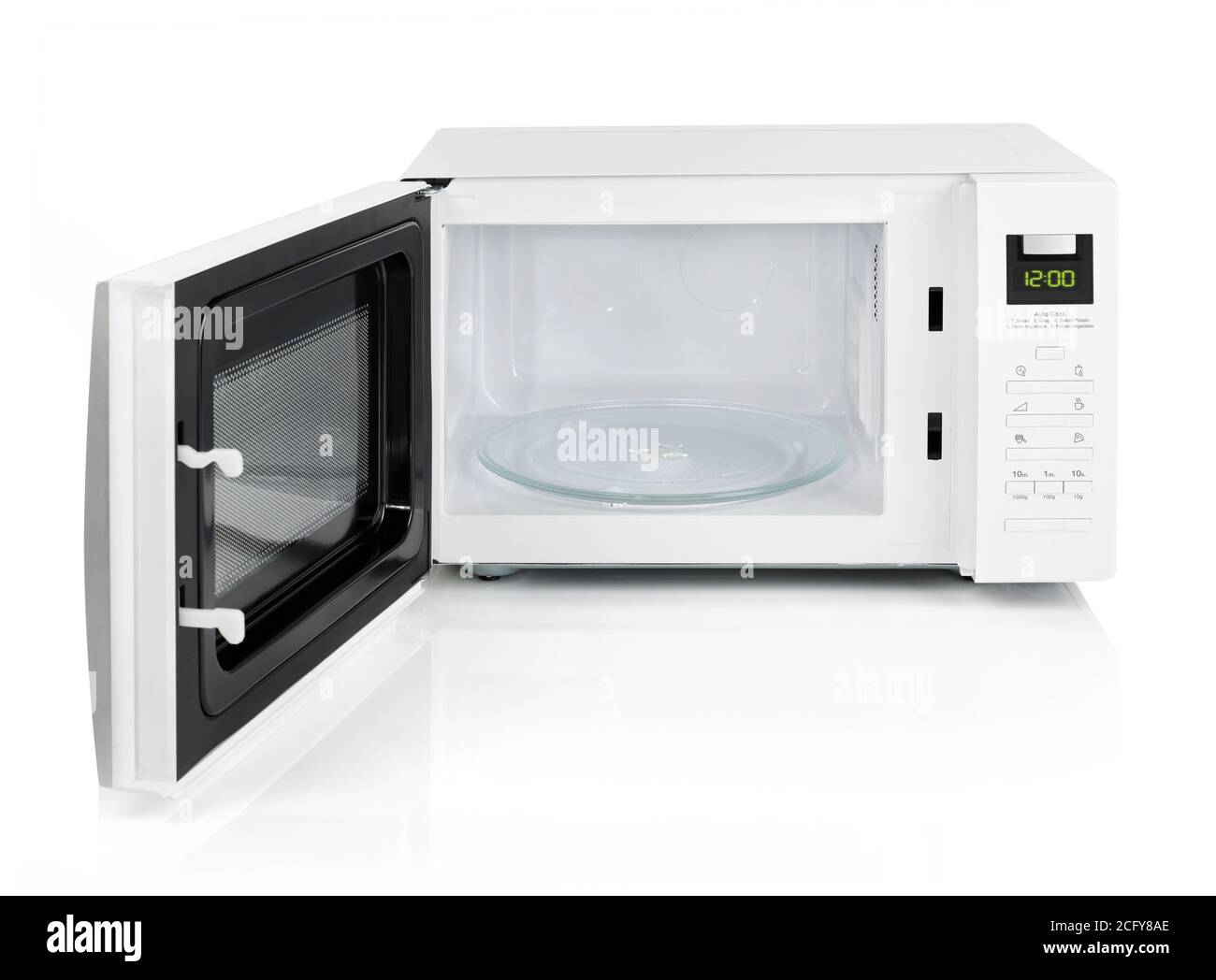 Black microwave oven with door open isolated on white Stock Photo