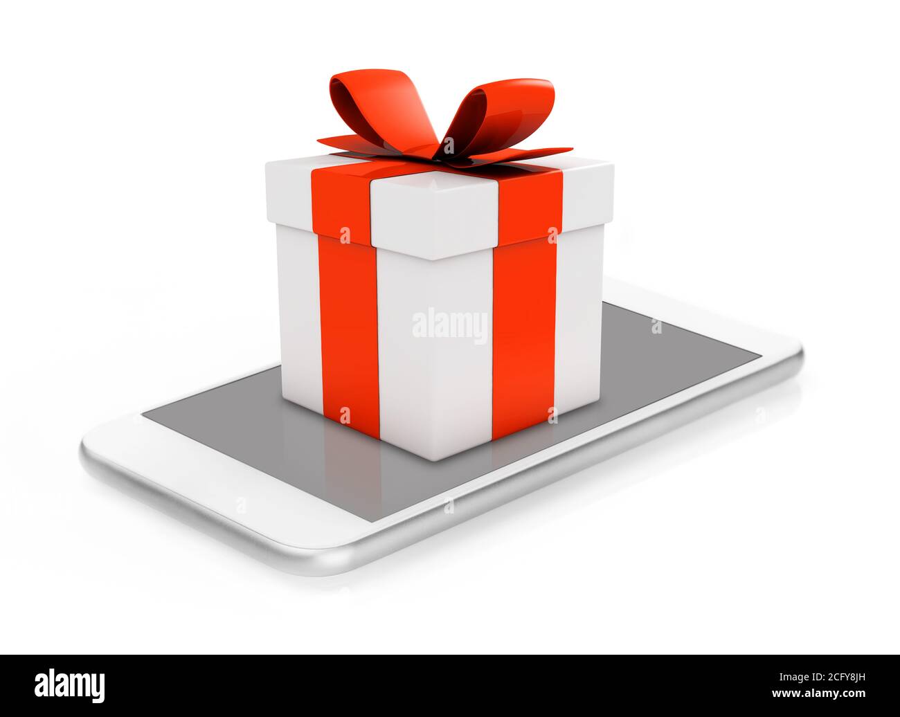Gift box on mobile phone isolated on white Stock Photo Alamy