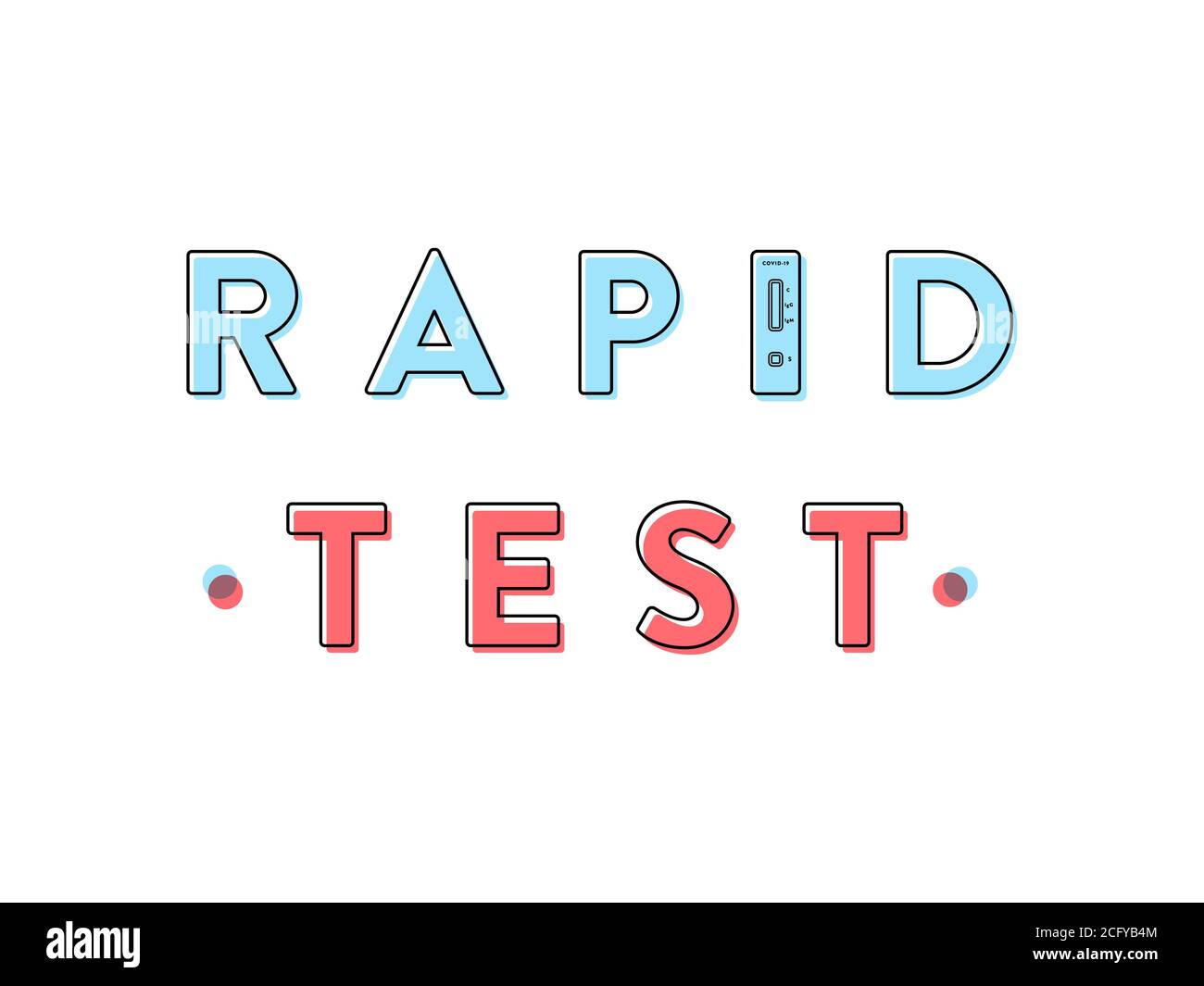 Rapid test title with blue and red letters. Coronavirus rapid diagnostic test device. The letter 'i' is replaced by a rapid test icon.Pandemic concept Stock Vector