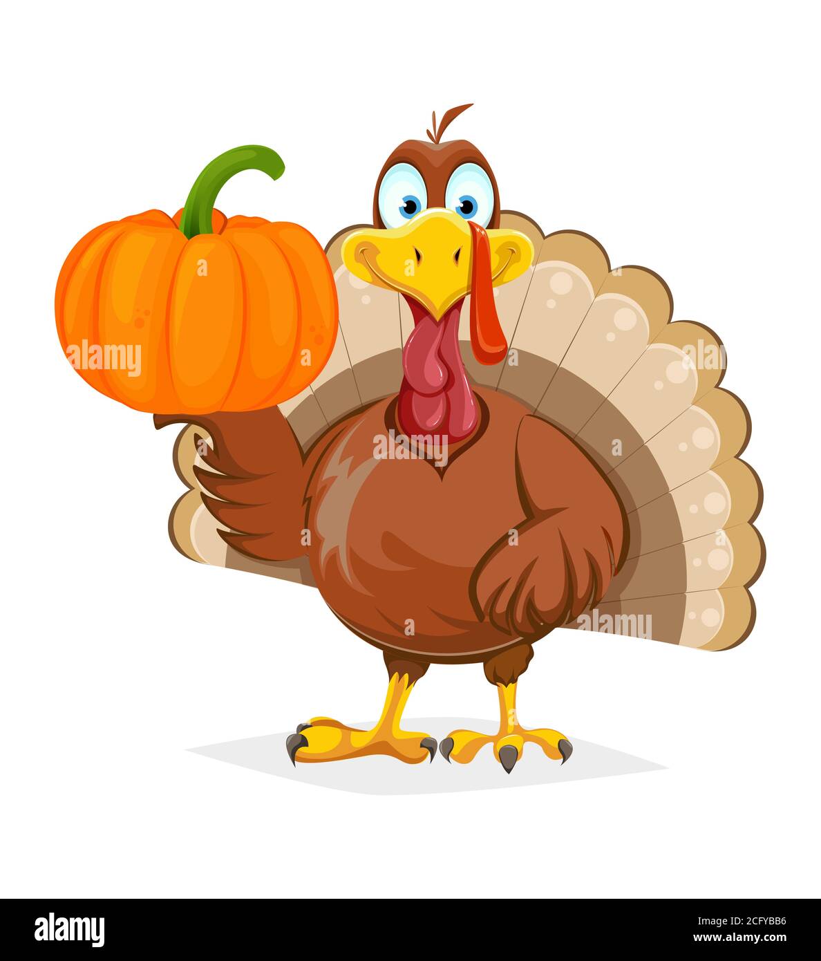 Happy Thanksgiving Day. Funny Thanksgiving Turkey bird holding pumpkin on  one wing. Vector illustration on white background Stock Vector Image & Art  - Alamy