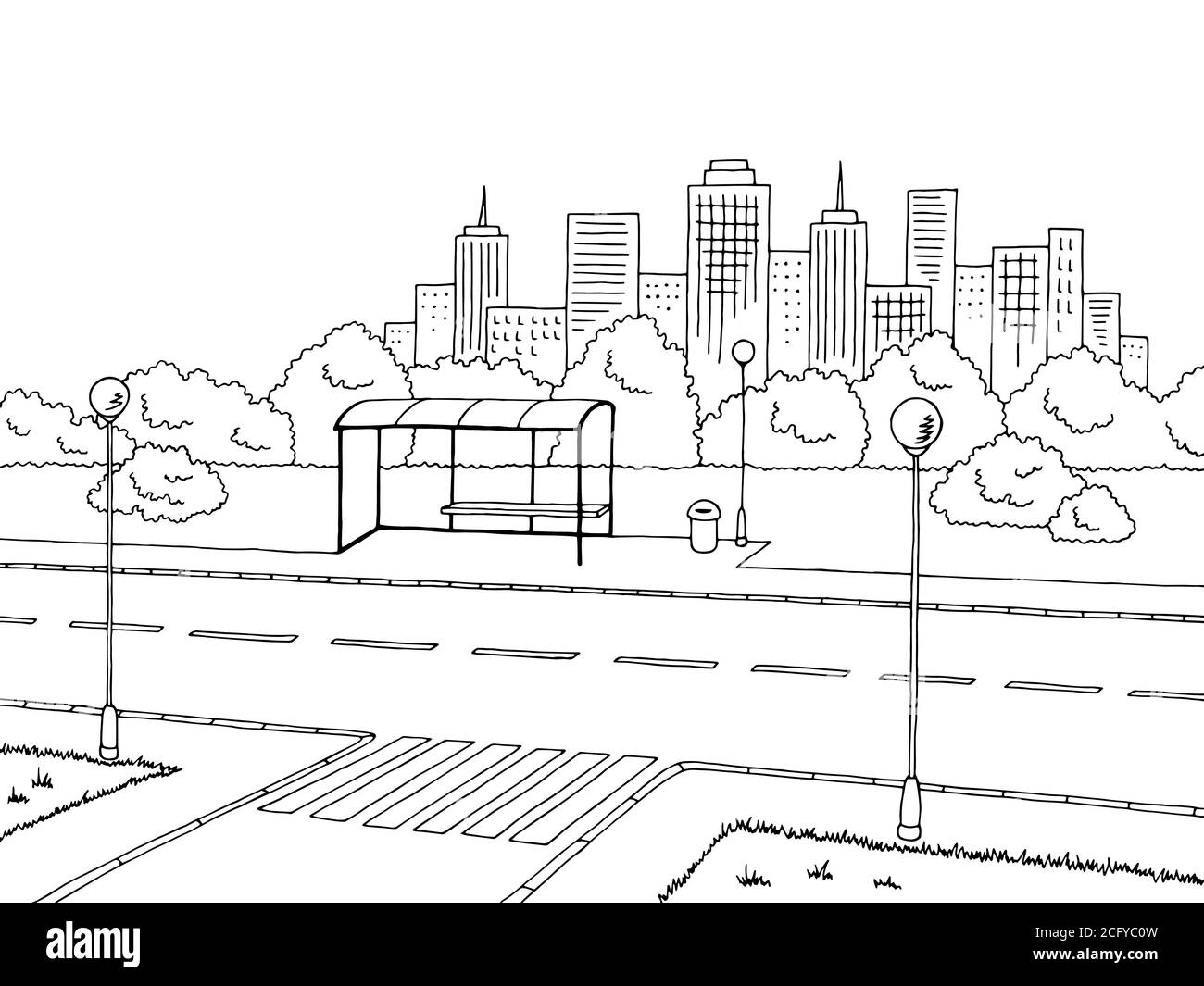 Street road graphic black white landscape sketch illustration vector Stock Vector