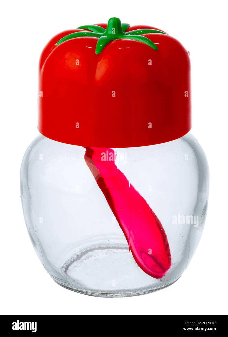 Empty salt shaker with tomato lid isolated on white Stock Photo Alamy
