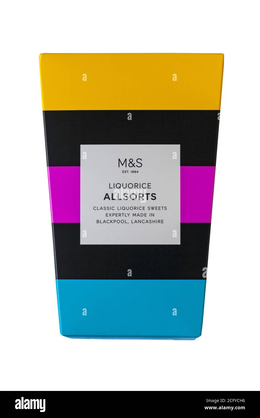 Box of M&S Liquorice Allsorts isolated on white background - classic liquorice sweets expertly made in Blackpool, Lancashire Stock Photo